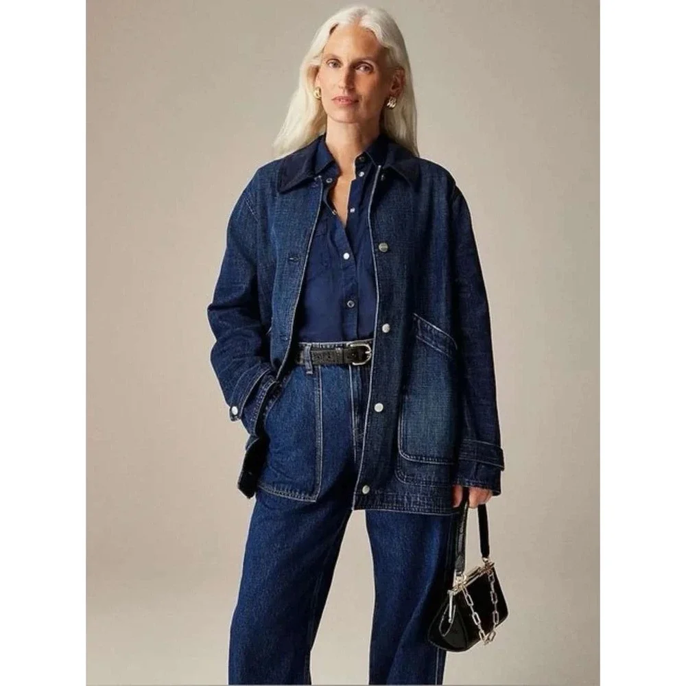 J.Crew Denim Barn Jacket XS Blue Corduroy Collar Chore Coat Oversized NEW NWT
